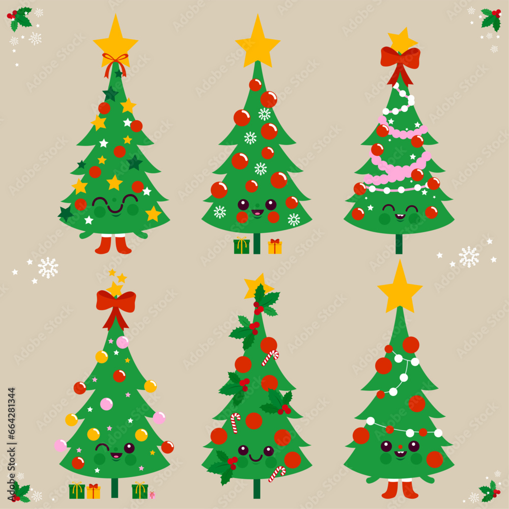 Obraz premium Cute Christmas trees characters with Christmas gifts and holy berry. Vector Illustration set