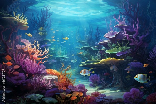 Underwater scene with aquatic creatures. Generative AI