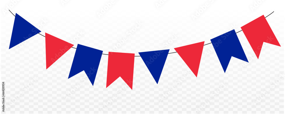 France flag garland. Red and blue pennant bunting ribbon on transparent background. festival, celebration, National Day of France, bunting decoration pennants. Celebration background.