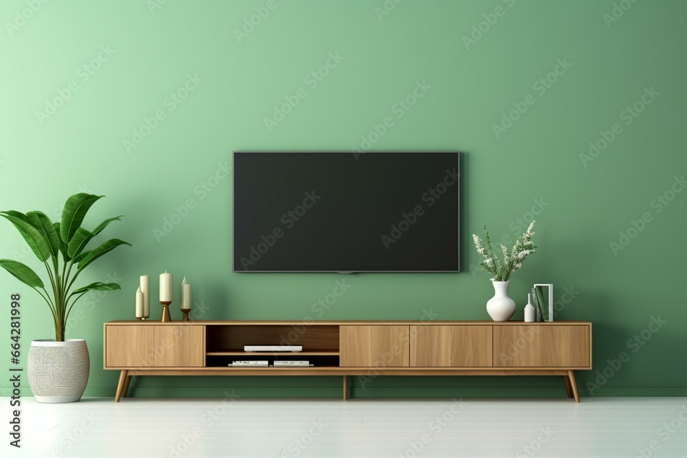 A modern living room with a wooden TV stand set against a green wall. Generative AI