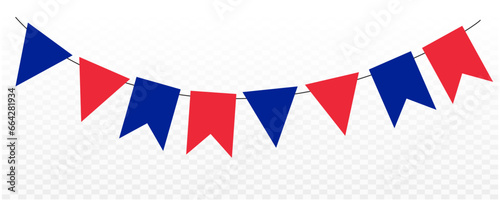 France flag garland. Red and blue pennant bunting ribbon on transparent background. festival, celebration, National Day of France, bunting decoration pennants. Celebration background.