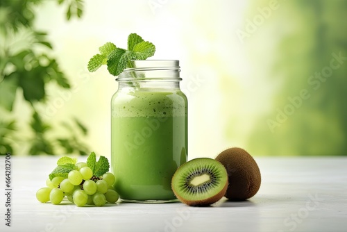 Glass jar with tasty kiwi smoothie on wooden table outdoors, Glass jar mugs with green health smoothie, kale leaves, lime, apple, kiwi, grapes, banana, avocado, lettuce. Copy space. Raw, AI Generated