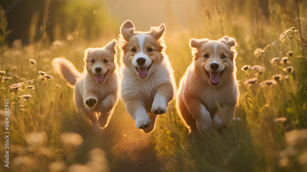 Capture the sheer joy of playful dog puppies frolicking in a sun-kissed meadow, their expressive faces reflecting pure happiness. Capture the sheer joy of playful dog puppies frolicking in a sun-kissed meadow, their expressive faces reflecting pure happiness.