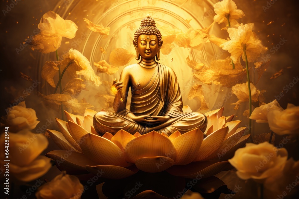 Buddha statue with yellow lotus flower and golden leaf background, Golden buddha in a golden lotus flower, AI Generated - obrazy, fototapety, plakaty 