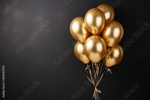 Golden balloons on dark background, space for text. Festive decoration, Gold balloons bunch on a black wall background, AI Generated photo