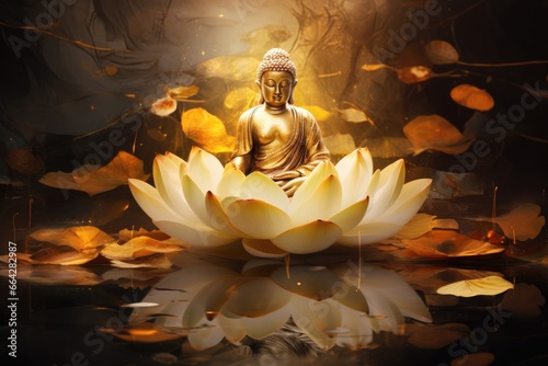 Buddha statue on lotus flower with water reflection. Meditation and relaxation concept, Golden buddha in a golden lotus flower, AI Generated