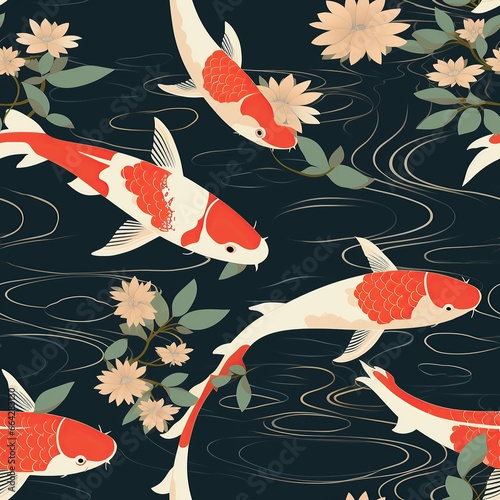 Seamless pattern of koi carp swimming between water plants