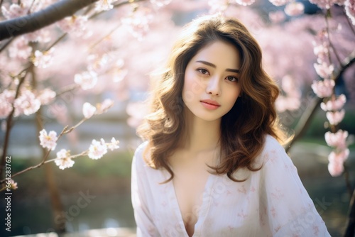 a portrait of a beautiful Asian girl in a spring park with cherry blossoms