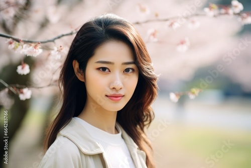 portrait of a beautiful Asian girl in a spring park where cherry blossoms