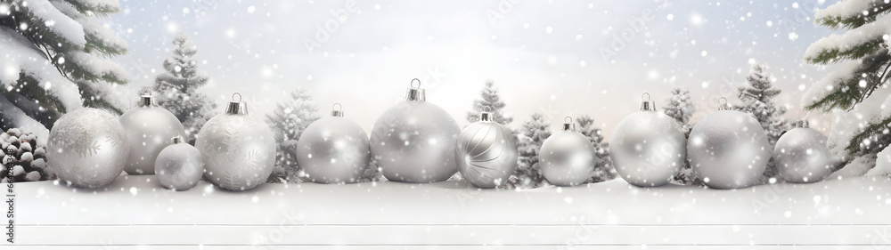 Silver Christmas balls, stars and trees in a row with spruce branches covered with snow and snowfall on white wooden board background in winter. Horizontal composition. Silver Christmas balls, stars and trees in a row with spruce branches covered with snow and snowfall on white wooden board background in winter. Horizontal composition.