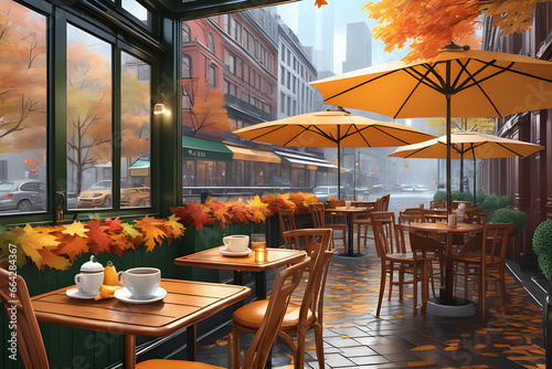 restaurant in the city/Gernerative AI/autumn, a quiet cafe, a bright feeling, with a large window