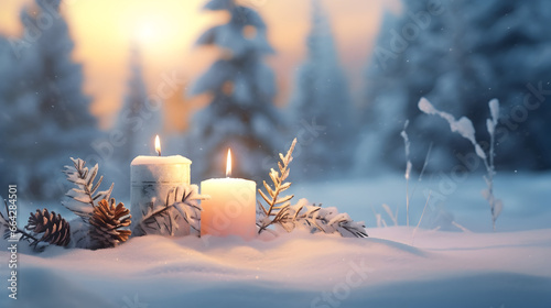 Still life with white Christmas candles, pine cones and spruce branches covered with snow and snowfall on forest trees covered with snow and sunset in winter.