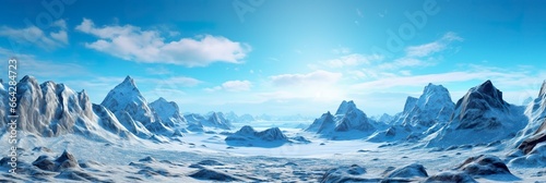 vast desolated snow land, big mountains in the background, snowfall with light blue sky and light blue colors, peaceful atmosphere.
