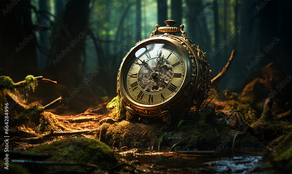 A timer clock placed delicately on the forest floor