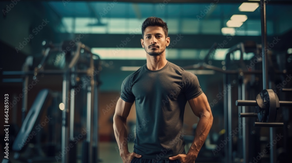 Naklejka premium Sexy Young Man at Gym. Fictional characters created by Generated AI.