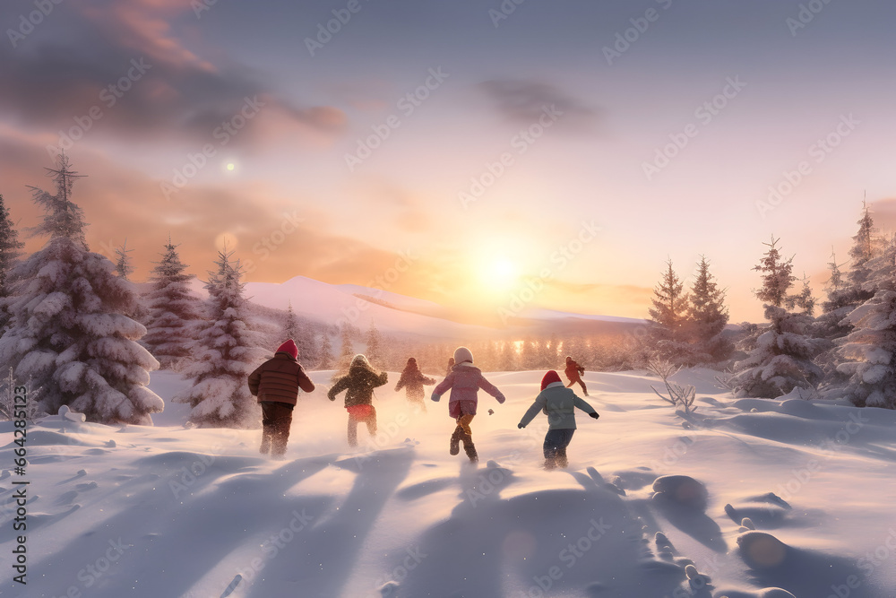 Group of children running away from camera in winter field with forest ...