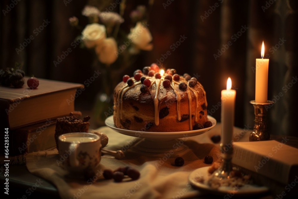 Cake on table with candlelight in cozy ambiance. Generative AI