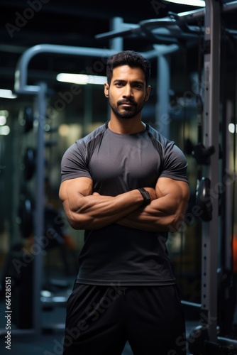 A Strong Man Posing for a Photo in a Gym. Fictional characters created by Generated AI. © shelbys