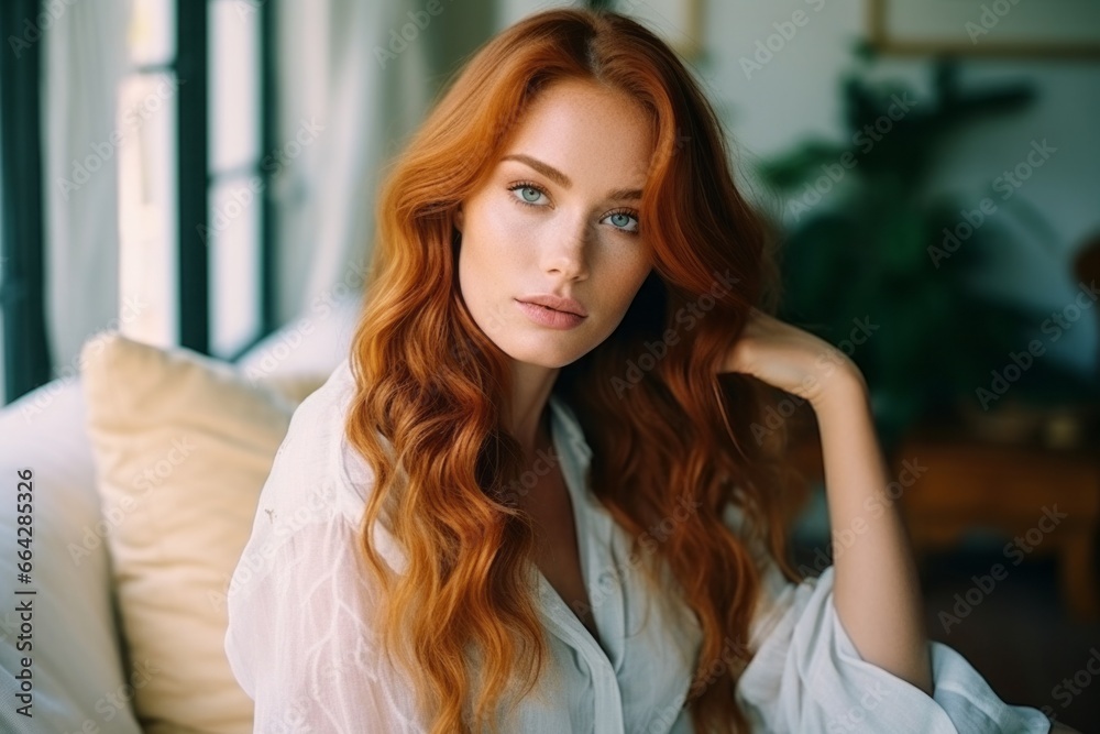 a portrait of a gorgeous young redheaded woman sitting on a couch in a luxurious posh living room, parisian style interior, sophisticated decoration
