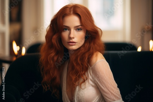 a portrait of a gorgeous young redheaded woman sitting on a couch in a luxurious posh living room, parisian style interior, sophisticated decoration