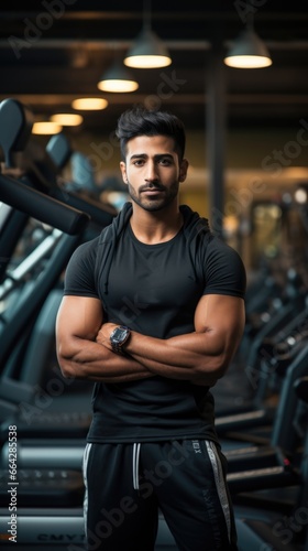 Fit young man posing in a gym. Fictional characters created by Generated AI.