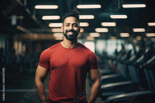Strong and Smiling Man at the Gym. Fictional characters created by Generated AI.