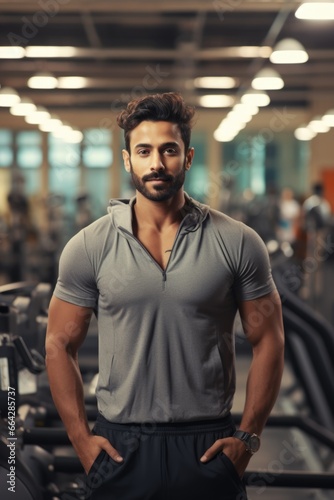 Strong and Muscular Man Posing in a Gym. Fictional characters created by Generated AI. © shelbys
