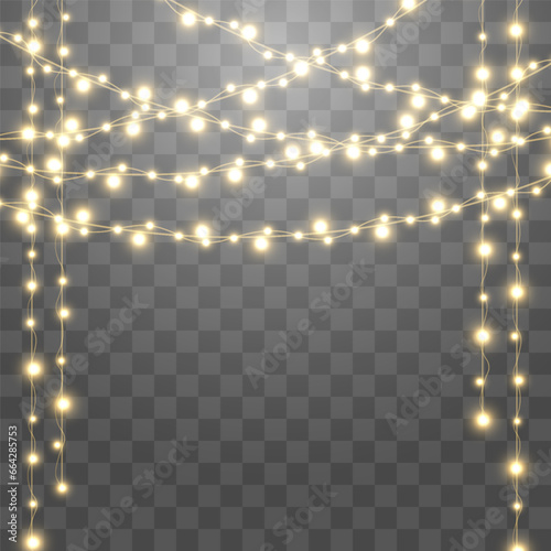 Christmas lights  lights bulbs  glowing garlands string. New Year s party lights  holiday decorations. Party event decoration  winter holiday season element. Vector illustration on png.