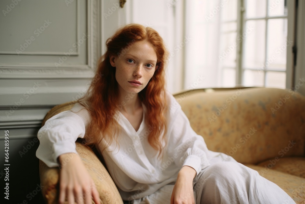 a portrait of a gorgeous young redheaded woman sitting on a couch in a luxurious posh living room, parisian style interior, sophisticated decoration a portrait of a gorgeous young redheaded woman sitting on a couch in a luxurious posh living room, parisian style interior, sophisticated decoration