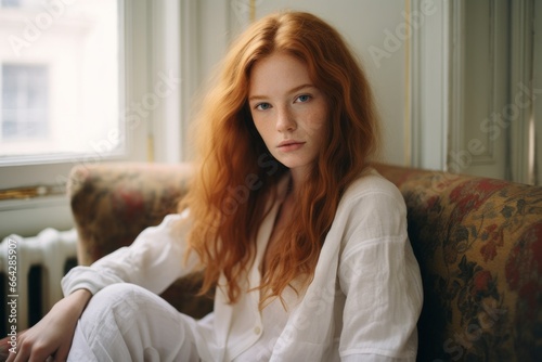 a portrait of a gorgeous young redheaded woman sitting on a couch in a luxurious posh living room, parisian style interior, sophisticated decoration © Romana