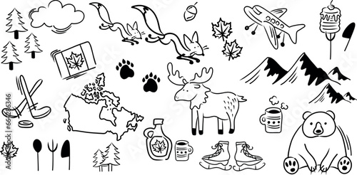 Canada traditional Doodle-style, hand-drawn set. Vector concept for greeting cards, banners and posters. Flag, maple leaves and animals.