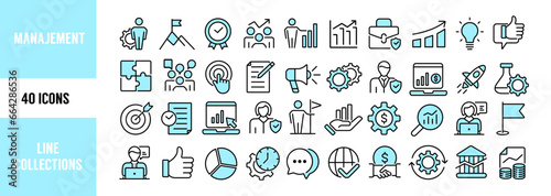 Business Management Outline Icon Collection. Thin Line Set contains such Icons as Vision, Mission, Values, Human Resource, Experience. Simple web icons vector illustration