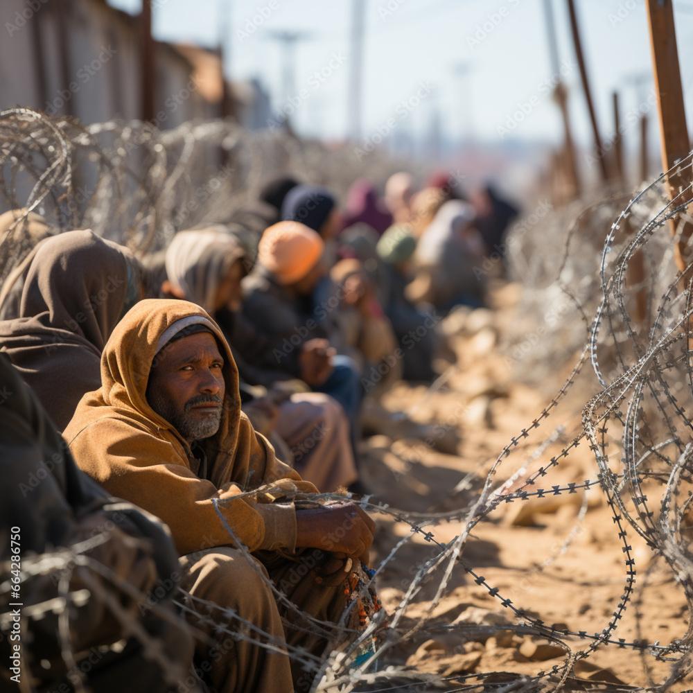 Refugees wait at a border fence with barbed wire, ai generated