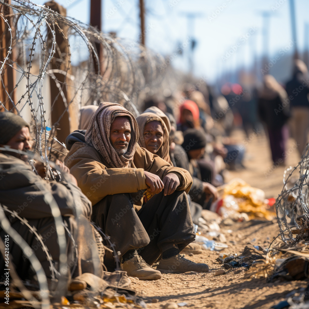 Refugees wait at a border fence with barbed wire, ai generated
