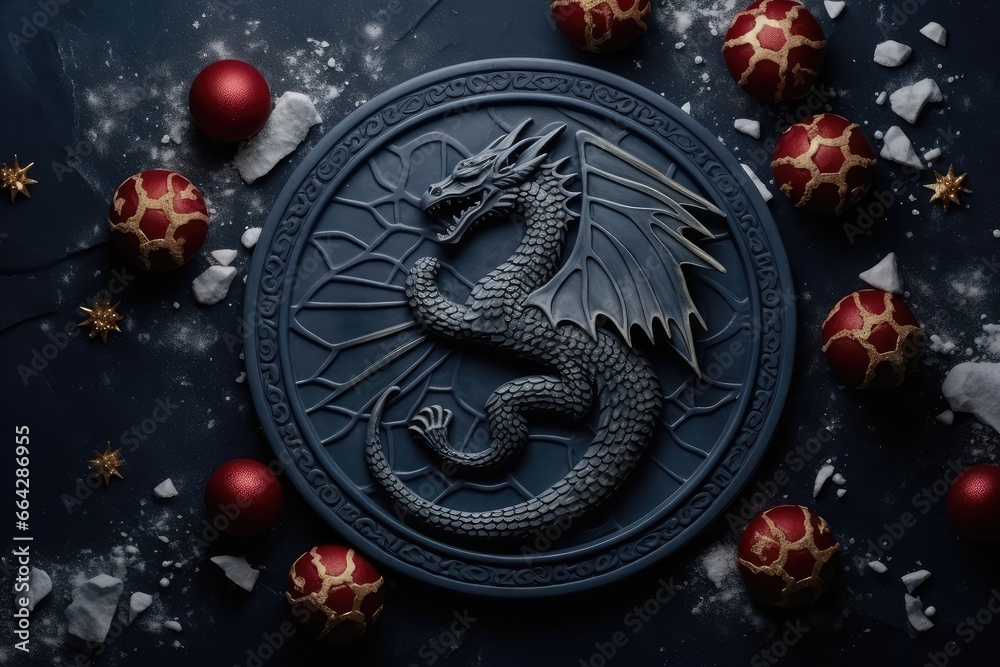 Magical fantasy wooden dragon in a circle on dark blue festive background with christmas balls