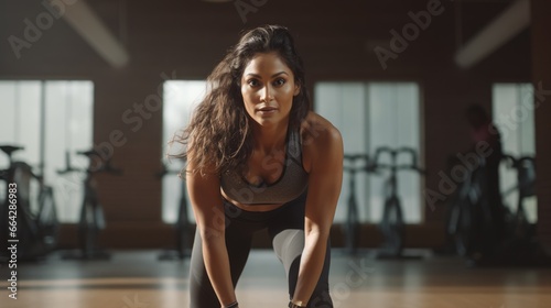A woman squatting down in a gym, with dumbbells and a bench in the background.. Fictional characters created by Generated AI.