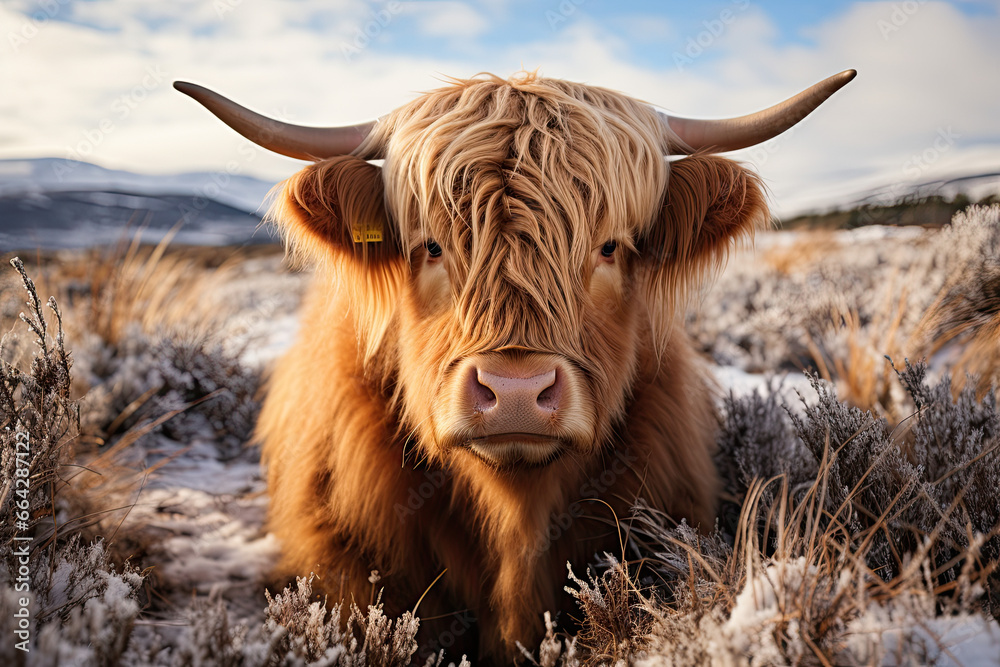 highland cow in winter background  - obrazy, fototapety, plakaty 