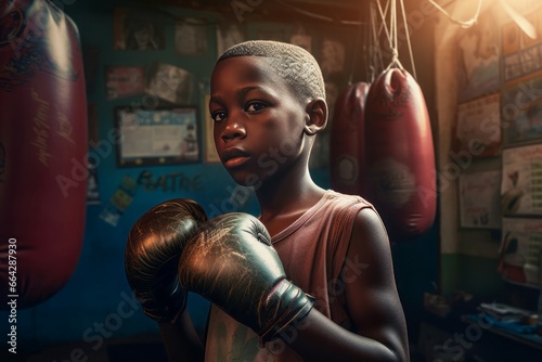 African child with boxing gloves. Black little kid boxing training. Generate ai photo