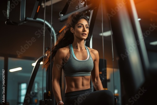Fit and toned woman in gym. Fictional characters created by Generated AI.
