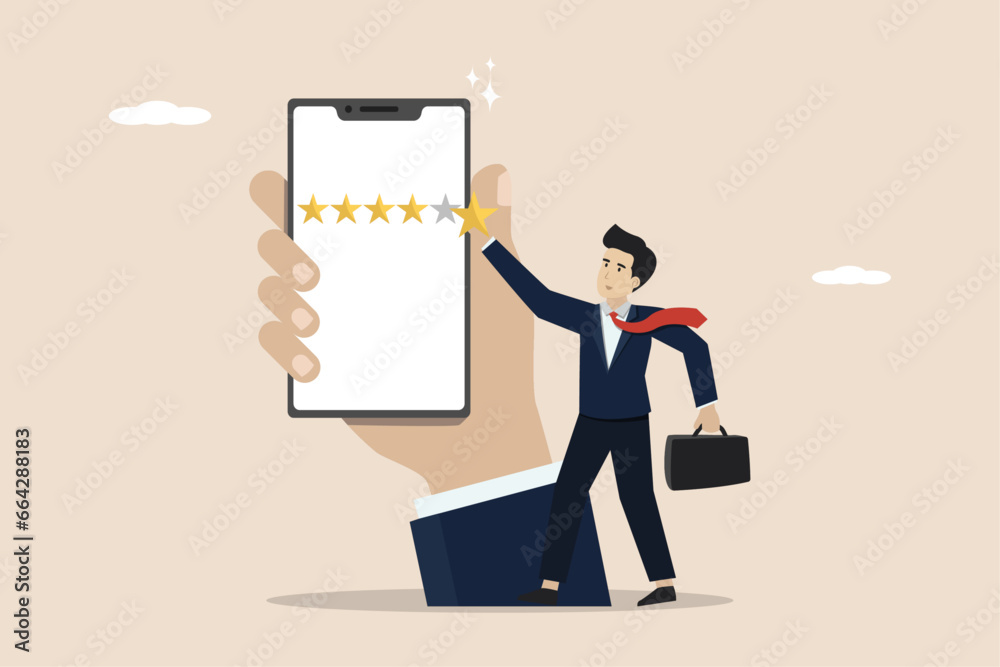 Fototapeta premium Customer experience or customer reviews by giving a 5 star rating, 5 star customer feedback, businessman giving a five star rating.