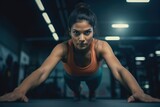 Fitness Model Pushes Up at the Gym. Fictional characters created by Generated AI.