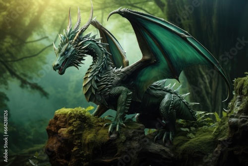 Portrait of wooden green magical fantasy dragon on the background of the enchanted forest © stopabox