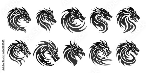 Tribal tattoo of the dragon head silhouette ornament flat style design vector illustration set isolated on white background. Chinese symbol and fantasy mascot monster for design ideas and tattoos.