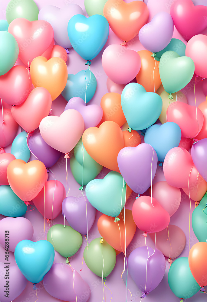 Background material with lots of bright colorful pastel heart-shaped balloon decorations and space for text. Baby birth or birthday celebration background.