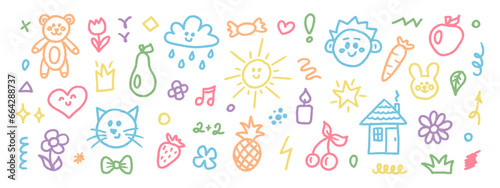 Cute doodle hand drawn kids set. Colorful element of scribble, heart, animal, flower, sun and cloud. Vector illustration