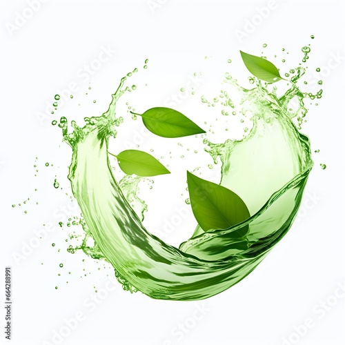 Green herbal tea wave splash with leaves flow.