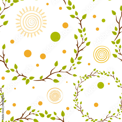 Seamless pattern with tree branches wreaths and sun symbols. Nature and healthy life style design.