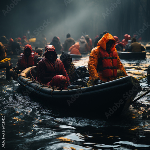 Refugees come across the sea on a boat, ai generated