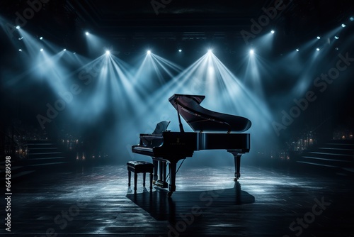 The piano is in the center of the stage in the light of the spotlights. Musical performance