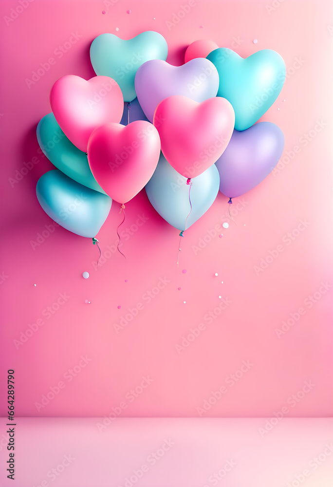 Background material with lots of bright colorful pastel heart-shaped balloon decorations and space for text. Baby birth or birthday celebration background.